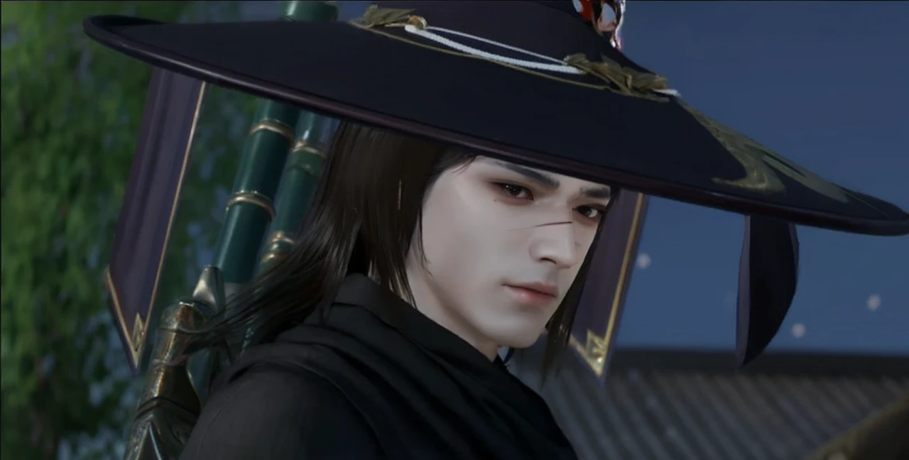Man wearing a cone hat, eye detail, nose detail, mouth detail, long black hair, cut wound on the nose, black shirt, realistic. 