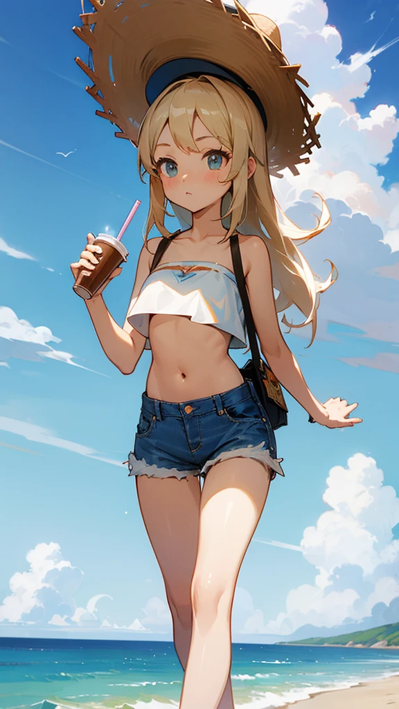 Wide coast、cumulonimbus、Denim shorts、Fluffy white shirt、Tube top、belly button、Cute、walking、Big straw hat