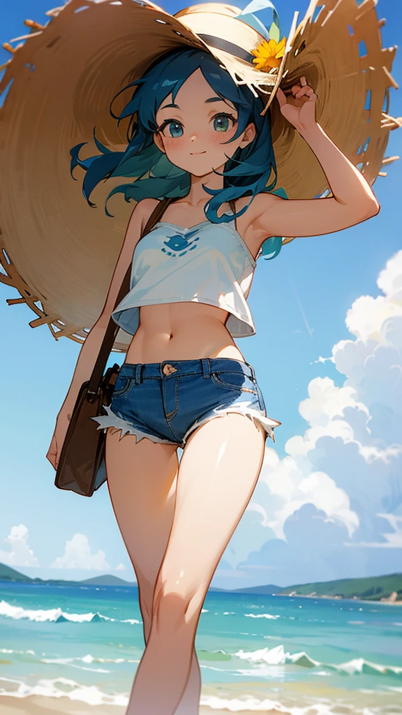 Wide coast、cumulonimbus、Denim shorts、Fluffy white shirt、Tube top、belly button、Cute、walking、Big straw hat