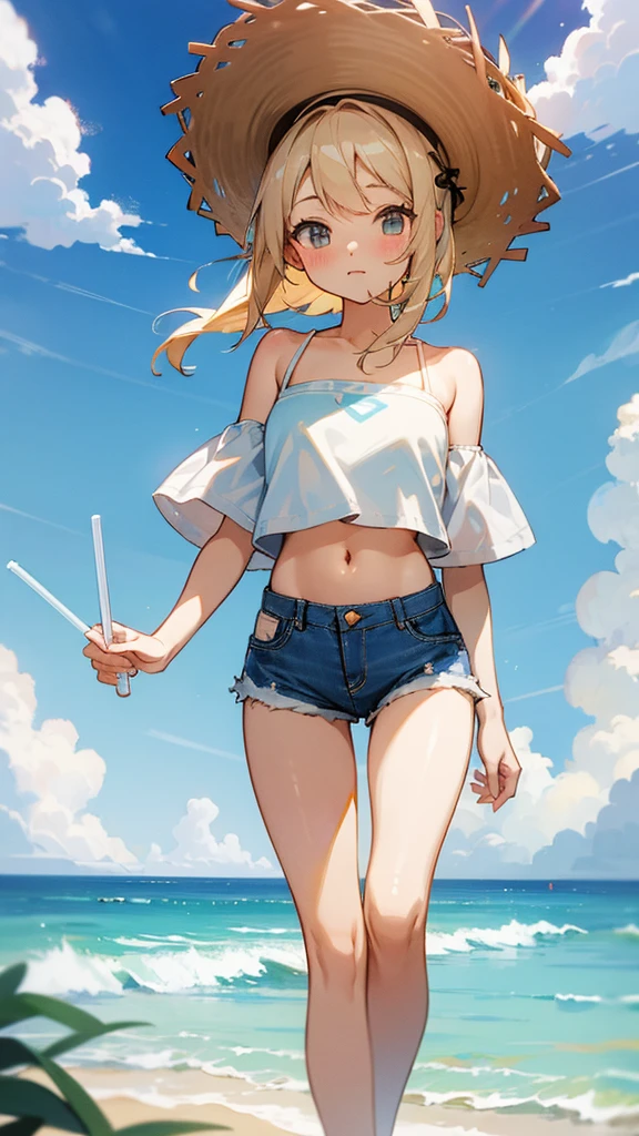 Wide coast、cumulonimbus、Denim shorts、Fluffy white shirt、Tube top、belly button、Cute、walking、Big straw hat