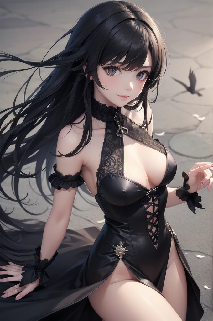 1 Girl, Mysterious look, Sharp Eye, long, flowing black hair, Gothic Costume, enigmatic smile, Pale complexion, Elegant Features BREAK Dramatic High Angle Shot, (Bird's Eye View:1.2), Symmetrical Configuration, Monochromatic, Deep Shadow, Subtle highlights, Spooky atmosphere, Artistic Details BREAK Ancient Cathedral, Stained Glass Windows, Decorative pillars, Flickering Candle, Ethereal atmosphere, Secret Whispers, Timeless beauty, Absurd, High resolution, Individuality, masterpiece