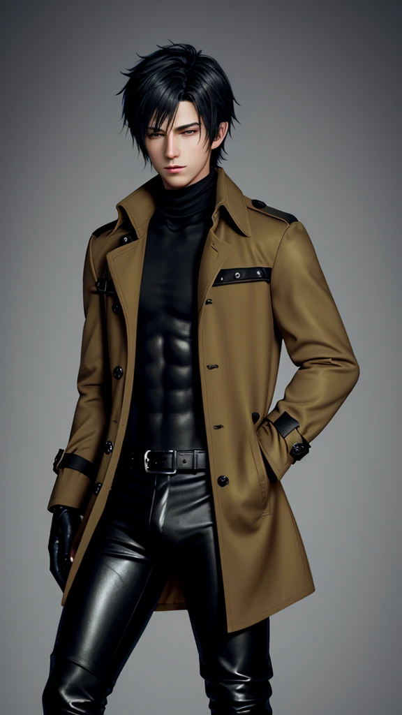 Final fantasy taste and reality graphics, Japanese young cute and cool ikemen boy, his age is early 20s, thin eyebrows and beady eyes, he wearing raw sienna color double brest very thick trench coat with a black collar fur.,
Must tighten your belt og coat, with epaulet, must close the front of the trench coat,, trench coat cloth the front, also wearing black very thick turtleneck lackluster shirts, tight black leather pants, shiny black leather tight and must put on a thin leather glove, black leather knee-high raceup boots,must views head-to-toe,must views whole body, boy looks like fashion model,Do not show skin from the neck down,leather jacket leather glove and leather pants have few wrinkles,boy in the room,