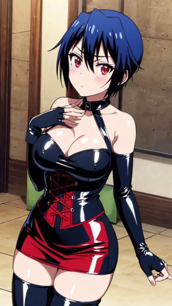 masterpiece,highest quality, High resolution, highly detailed face, Detailed CG,blue hair,red eyes,short hair,big breasts,
(Long gloves covered in black latex all the way to the fingertips), (Black latex corset dress), (Halter neck corset dress), (Black latex tight mini skirt), (Black thigh-high boots),blush,stylish pose, stylish angle,looking at the viewer, in the center of the image,cowboy shot,