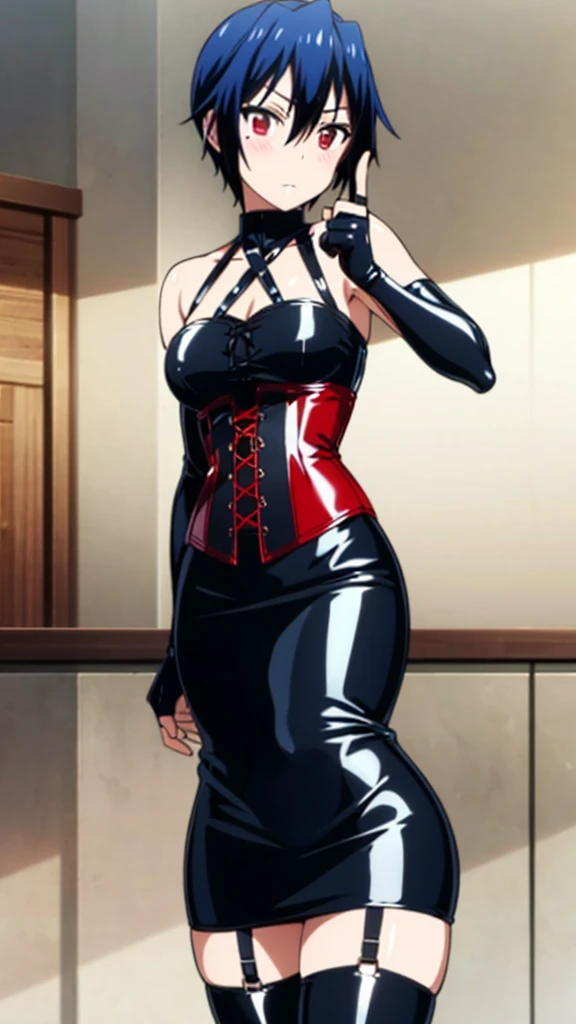 masterpiece,highest quality, High resolution, highly detailed face, Detailed CG,blue hair,red eyes,short hair,big breasts,
(Long gloves covered in black latex all the way to the fingertips), (Black latex corset dress), (Halter neck corset dress), (Black latex tight mini skirt), (Black thigh-high boots),blush,stylish pose, stylish angle,looking at the viewer, in the center of the image,cowboy shot,