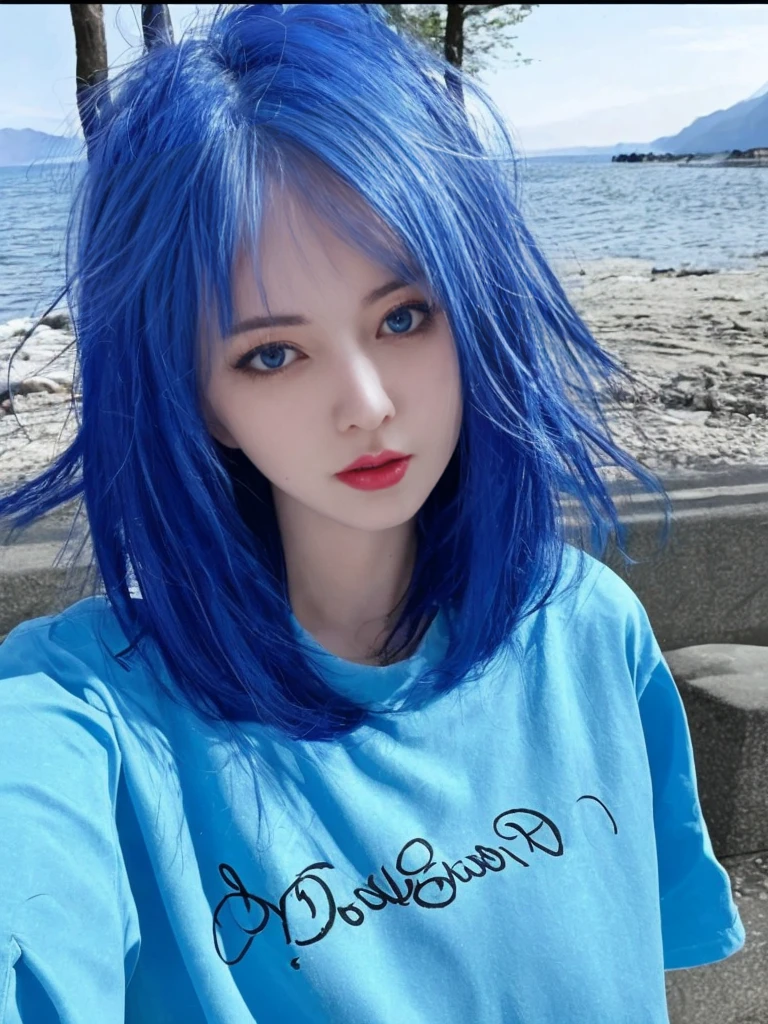 8K high quality,1 woman,Blue Hair:1.5,Look at the camera