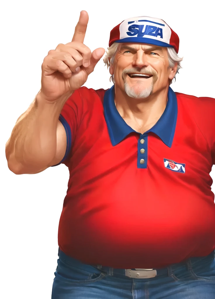 a close up of a man in his 60s wearing a red shirt and blue jeans, rising index finger, as a character in tekken, beefy, realistic textures, jeff bridges with a goatee, best friend opening the mouth as to say "eureka!", happy, Out Run 2 flagman, 2 k, 2k, muscular bernie sanders, buff man, character from king of fighters, robust stocky body, hide the pain harold, name of character is flagman, wise face, his cap has a SEGA logo on it, (short GREY hair)
