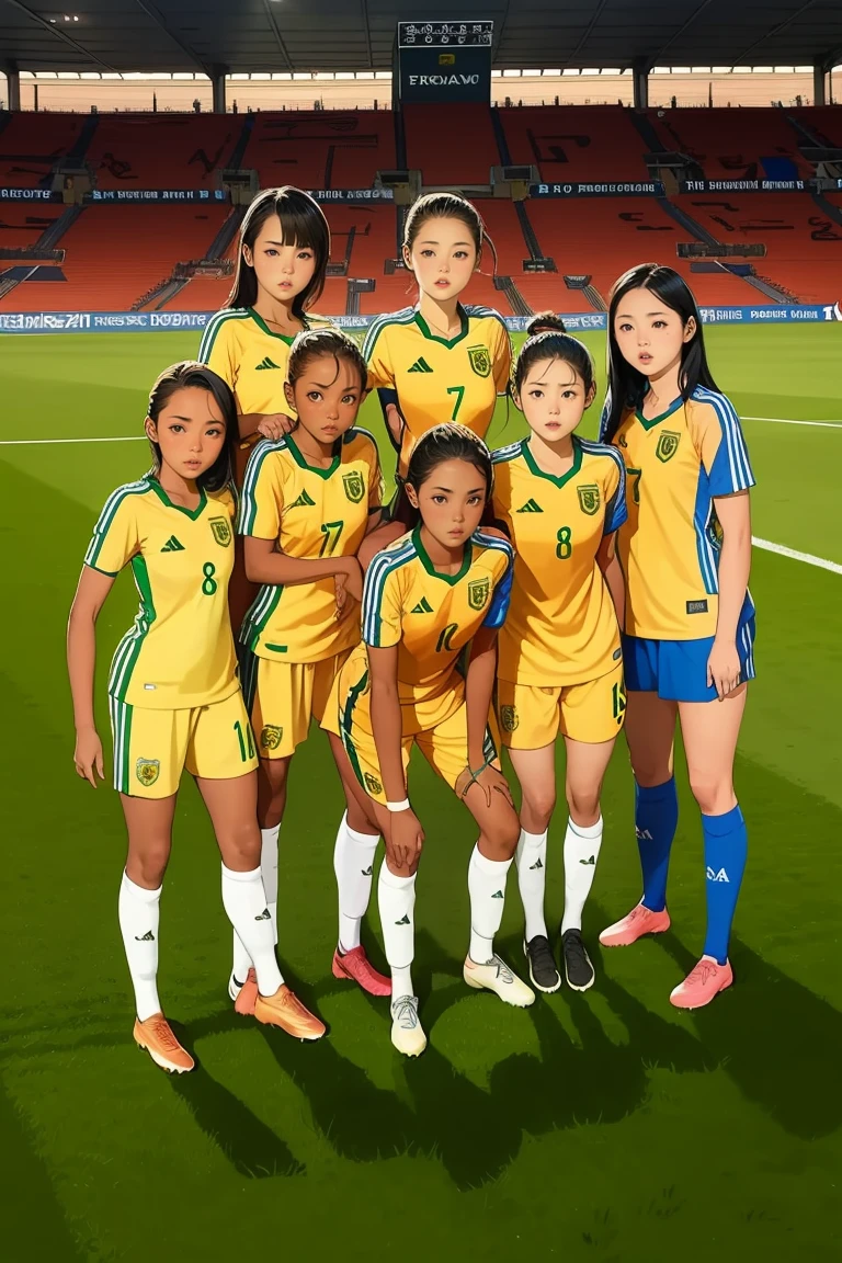 Group of girls, playing soccer, international match, japan vs brazil, fullbody shot, in the soccer stadium, 