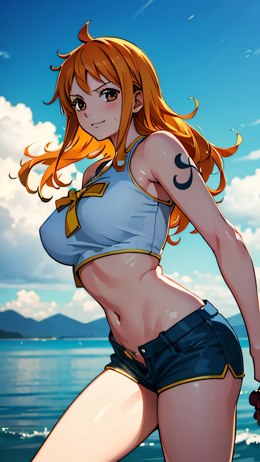 Nami from One Piece,very light orange and yellowish haired girl,Beautiful brown eyes, Blushing,Clouds in the sky smiling at the viewer, chest,Blushing、With her hair flying . She should wear a crop top and shorts.The art style should resemble an appealing anime style. Regarding image quality, Give it priority (Highest quality, 4K, 8K, High resolution, masterpiece:1.2), Super detailed, and (Realistic, photoRealistic, photo-Realistic:1.37) rendering. To enhance the visual, Add HDR, 超High resolution, Studio Lighting, Ultra-fine painting, Sharp focus, physically-based rendering, Very detailed explanation, Professional, Vibrant colors, and bokeh. . Without any additional prefixes or punctuation、Directly provide stable diffusion Professional prompts。,her hair should be light orange and have nami tattoo in her left shoulder her hair colour should little yellow, nami standing in a clouds