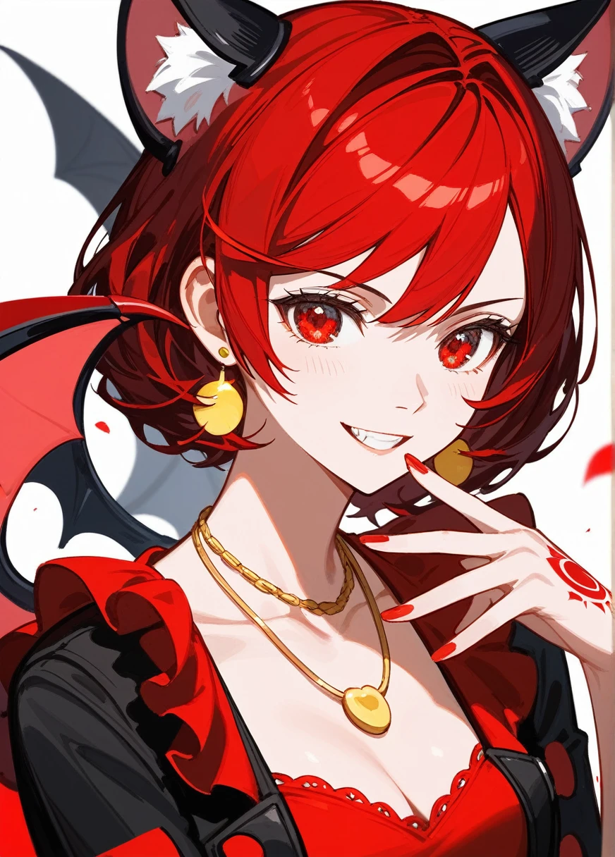 (Fraction_9,Fraction_8_Direction_7_up),1 Woman,Close shot,(Sexy),Half Body,Tiger Teeth,Flattering,Smirk,身着Sexy燕尾服,vampire,Gold necklace,Gold earrings,There is a woman wearing a red shirt and black pants, Inspired by Huang Ji, Fashion Design, Black and red silk dress, Inspiration from the ages, Ruffled Clothing, Gorgeous crimson finery, Only available in black and red!!!, picture, Inspired by Xie Huan, Inspired by Yuan Jiang, Full body fairy, Red and black clothing!!!Red Eye,Broken bat wings, Illustration by Shigenori Soejima, Persona 5 art style wlop, Official artwork with high detail, Very detailed and beautiful fan art, guilty gear art style,No background,