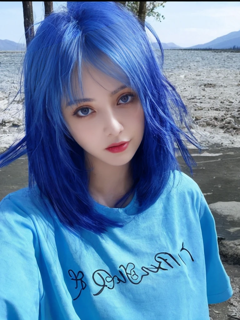 8K high quality，1 woman，Blue Hair：1.5，Look at the camera