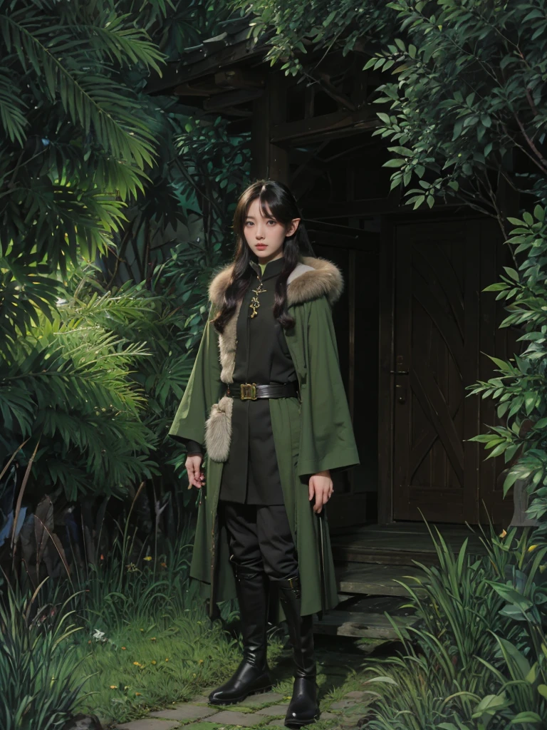 yuichiro hyakuya girl, (WithoutFear:1), 1 girl, black hair, green eyes, brown coat, gray armor, elves, sylvan, green cloak, dark brown gloves, forest, fur trim, anime, standing, good quality, portrait, looking at viewer