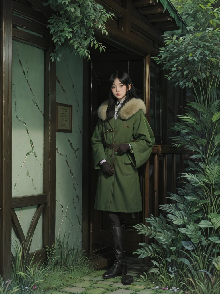 yuichiro hyakuya girl, (WithoutFear:1), 1 girl, black hair, green eyes, brown coat, gray armor, elves, sylvan, green cloak, dark brown gloves, forest, fur trim, anime, standing, good quality, portrait, looking at viewer