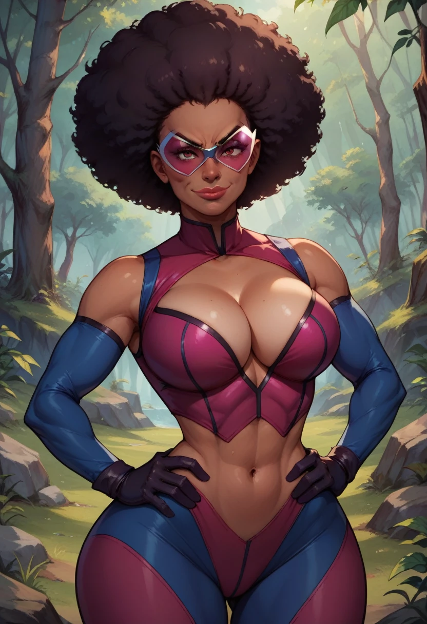 1woman, cleavage, in a rainforest, hands holding own hips, seductive smirk, big breasts, wide hips, big ass, storm from x-men costume, Garnet,black afro,navel,standing,upper body,retro shades, curvy,smile,standing, toned, big lips