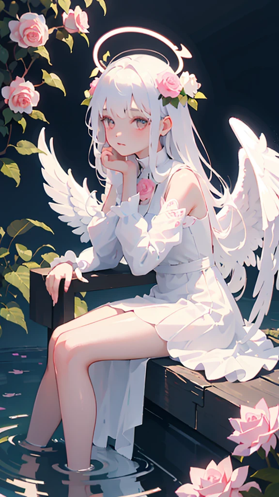 1girl, flower, solo,halo, long hair, wings, white hair, pink flower, sitting, white flower, angel, water, rose, long sleeves, red flower, dress, head rest, angel wings, feathered wings, closed mouth, pink rose, blue flower, bangs, white dress, plant
