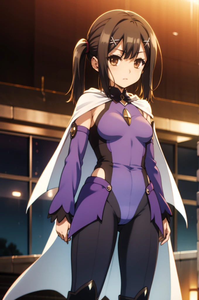 masterpiece, best quality, (colorful),(delicate eyes and face), volumetric light, ray tracing, extremely detailed CG unity 8k wallpaper, miyu edelfelt, magicalgirluniform, 1girl, solo, breasts, looking at viewer, bare shoulders, twintails, closed mouth, small breasts, outdoors, detached sleeves, , boots, cape, leotard, , night, magical girl, x hair ornament, , white cape, purple leotard, purple sleeves