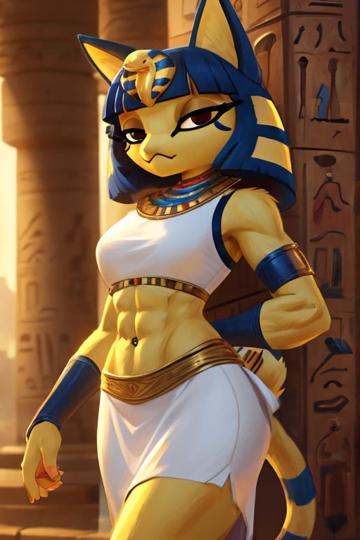 ((best quality)), ((masterpiece)), (detailed), digital artwork of a yellow cat ankha with rock hard abs wearing a crop top of her white sleeveless dress with white long dress skirt, a bare midriff and a bare navel, , Egyptian setting, anthro, furry style, tail, she looks snobbish, sideview, navel piercing, blue Egyptian handbands,