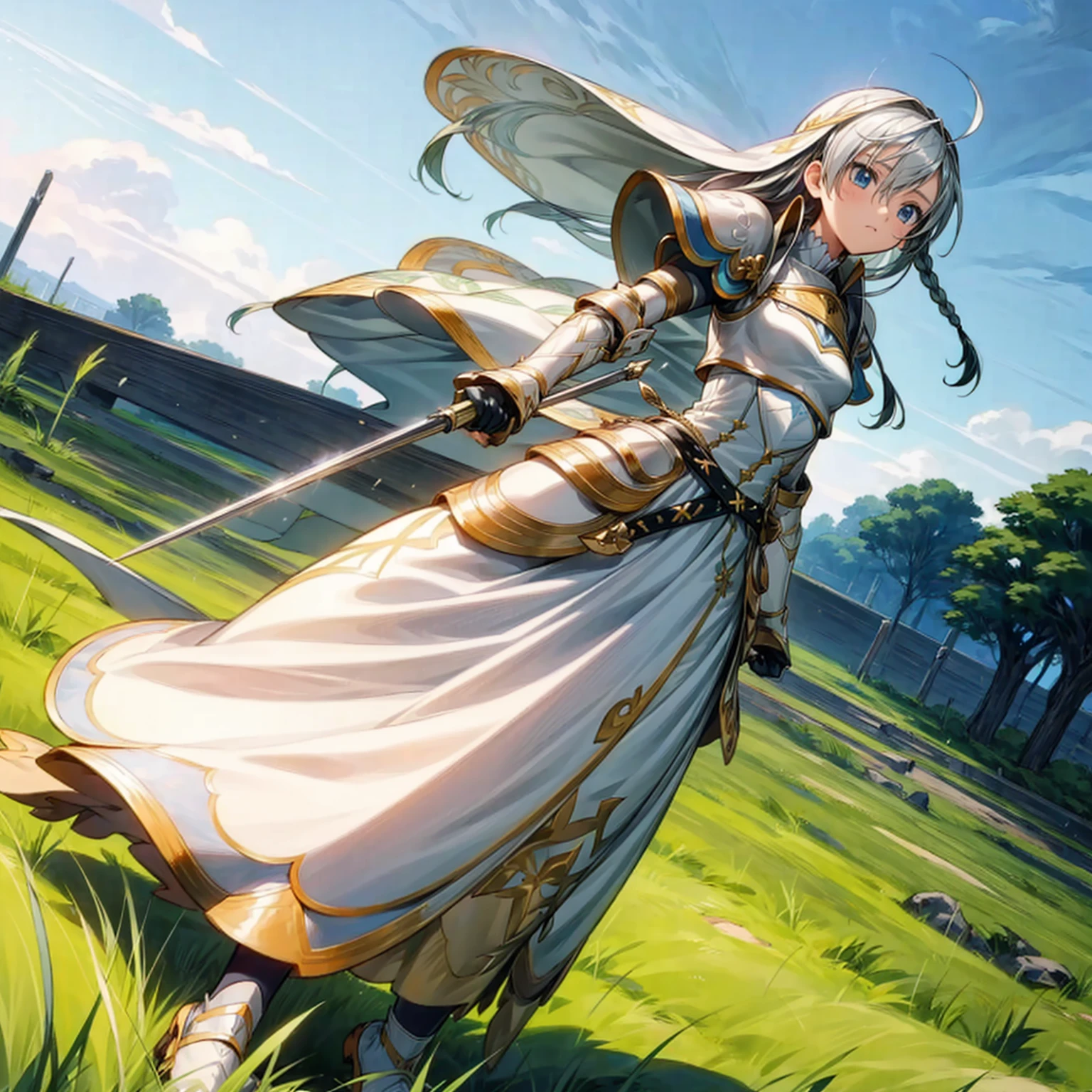 1girl, Full body version, 1character, children version, blue eyes color, long haircut, white and yellow colour hair, formal style clothing, medieval armour, one sword in hand, Grassroots, background in green field, motion blur, (Hunter x Hunter style)