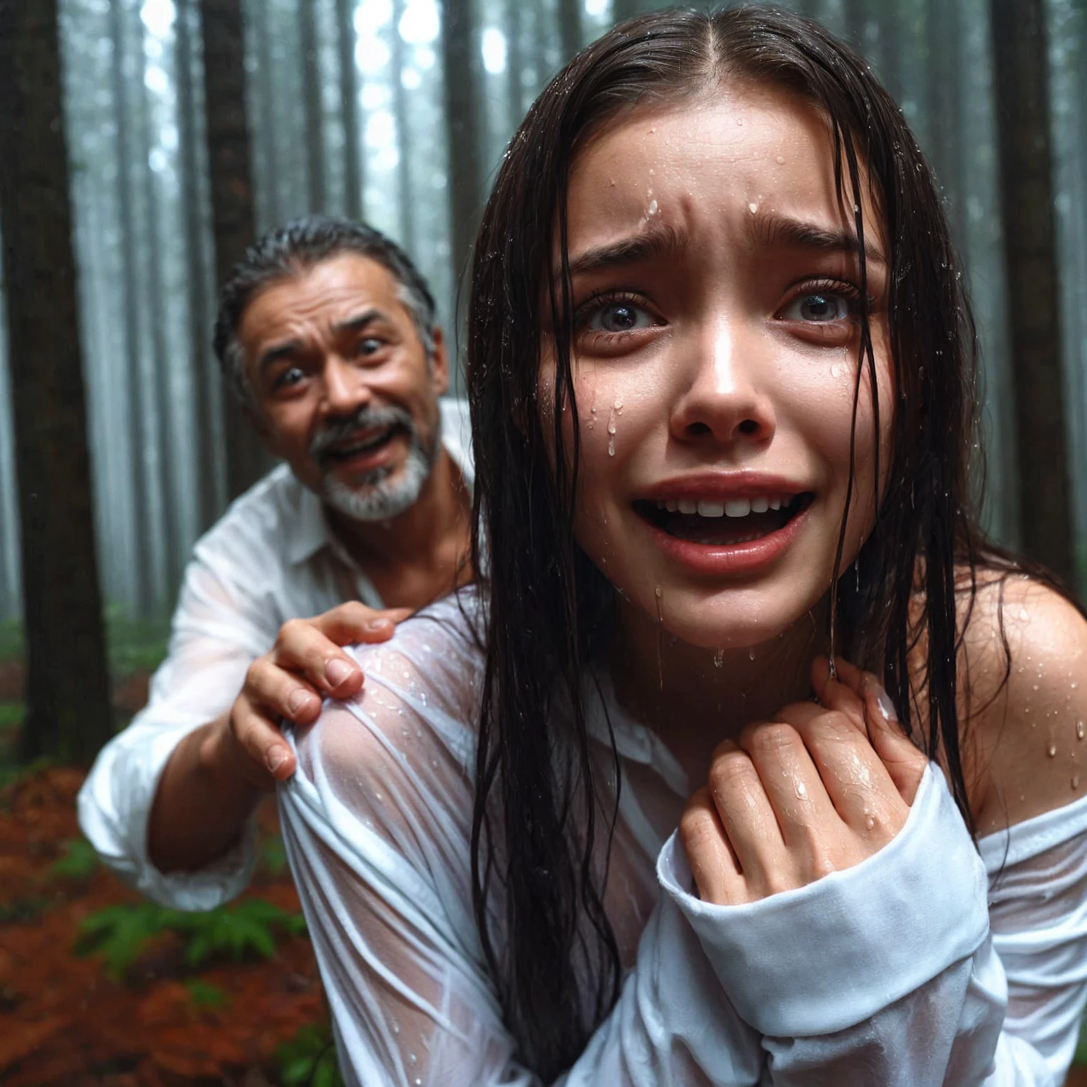 "Image of a beautiful young woman, 17 years old, crying in fear, caught in the rain with wet clothes, wearing a white shirt, seen being grabbed from behind by a 40-year-old man with a creepy smile. Background shows a forest scene with tall trees, realistic."