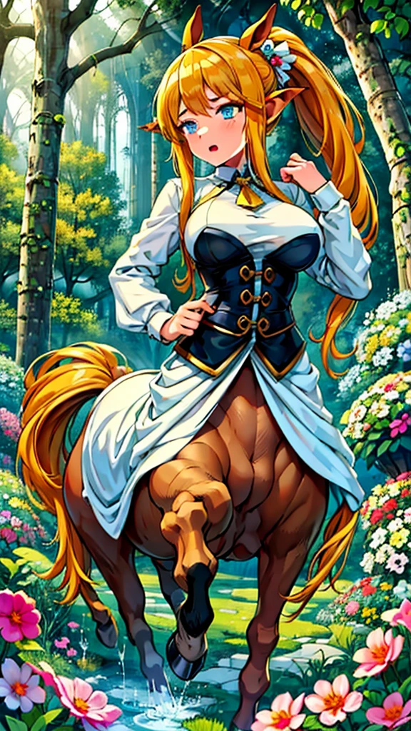 Anime centaur.1 girl. Cutie. Centaur girl. Half-human. Monster girl. Centaur. The girl is a horse. Blonde. Long hair. Hair ornament. Her hair is pulled back into a high ponytail. Blue eyes. Beautiful eyes. Perfect eyes. Expressive eyes. Ideal face. Face about to sneeze
Sneezing face. Beautiful nose. Snotty nose. After sneezing, long snot hangs from the nose.  years. Big breasts. Beautiful breasts. Girl knight. Centaur knight. She is ill. She got sick. She has allergies. She has a runny nose. Nasal mucus. She has snot. She wants to sneeze. She needs to sneeze. She has a strong, desperate urge to sneeze. She sneezes. She sneezes. Splashes of snot fly to the sides. Snot flows from the nose. She's on her period. Her crotch is bleeding. She has urinary incontinence. She wants to pee. She needs to pee.
She has a strong, desperate urge to pee. Hand on the aroma. Creaco squeezes his crotch. Trettperineum. She described. Urine pours onto the ground. In the middle of the forest. Ideal anatomical body. The lower part of the body is equine. Horse slender legs. Hooves instead of legs. White linen blouse. Light plate armor - corset. Skirt. No panties. Standing. Full height. Beautiful character design. Shiny skin. Whole body. NFS. Official art. Extremely detailed CG Unity 8k wallpaper. Ideal lighting. Ultra high resolution 4K. Super detailed 8K. A high resolution.