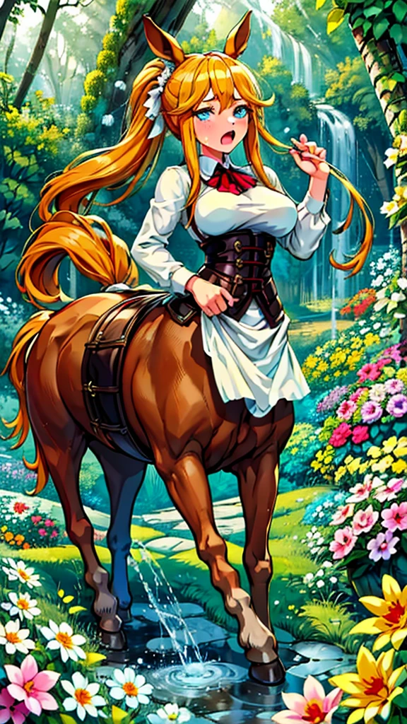 Anime centaur.1 girl. Cutie. Centaur girl. Half-human. Monster girl. Centaur. The girl is a horse. Blonde. Long hair. Hair ornament. Her hair is pulled back into a high ponytail. Blue eyes. Beautiful eyes. Perfect eyes. Expressive eyes. Ideal face. Face about to sneeze
Sneezing face. Beautiful nose. Snotty nose. After sneezing, long snot hangs from the nose. 16 years. Big breasts. Beautiful breasts. Girl knight. Centaur knight. She is ill. She got sick. She has allergies. She has a runny nose. Nasal mucus. She has snot. She wants to sneeze. She needs to sneeze. She has a strong, desperate urge to sneeze. She sneezes. She sneezes. Splashes of snot fly to the sides. Snot flows from the nose. She's on her period. Her crotch is bleeding. She has urinary incontinence. She wants to pee. She needs to pee.
She has a strong, desperate urge to pee. Hand on the aroma. Creaco squeezes his crotch. Trettperineum. She described. Urine pours onto the ground. In the middle of the forest. Ideal anatomical body. The lower part of the body is equine. Horse slender legs. Hooves instead of legs. White linen blouse. Light plate armor - corset. Skirt. No panties. Standing. Full height. Beautiful character design. Shiny skin. Whole body. NFS. Official art. Extremely detailed CG Unity 8k wallpaper. Ideal lighting. Ultra high resolution 4K. Super detailed 8K. A high resolution.