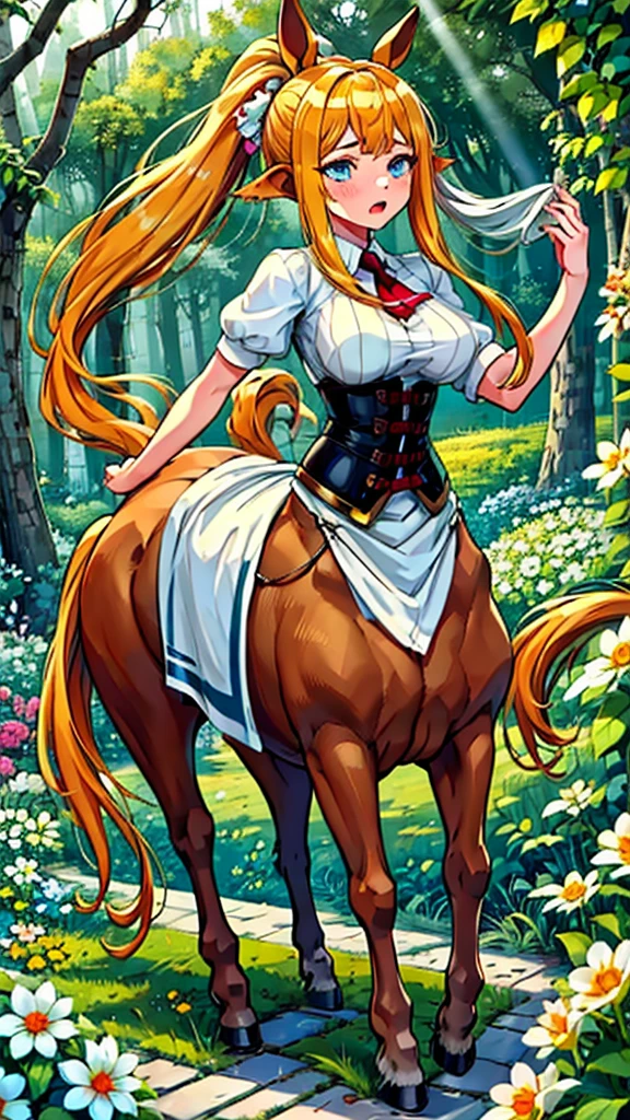 Anime centaur.1 girl. Cutie. Centaur girl. Half-human. Monster girl. Centaur. The girl is a horse. Blonde. Long hair. Hair ornament. Her hair is pulled back into a high ponytail. Blue eyes. Beautiful eyes. Perfect eyes. Expressive eyes. Ideal face. Face about to sneeze
Sneezing face. Beautiful nose. Snotty nose. After sneezing, long snot hangs from the nose.  years. Big breasts. Beautiful breasts. Girl knight. Centaur knight. She is ill. She got sick. She has allergies. She has a runny nose. Nasal mucus. She has snot. She wants to sneeze. She needs to sneeze. She has a strong, desperate urge to sneeze. She sneezes. She sneezes. Splashes of snot fly to the sides. Snot flows from the nose. She's on her period. Her crotch is bleeding. She has urinary incontinence. She wants to pee. She needs to pee.
She has a strong, desperate urge to pee. Hand on the aroma. Creaco squeezes his crotch. Trettperineum. She described. Urine pours onto the ground. In the middle of the forest. Ideal anatomical body. The lower part of the body is equine. Horse slender legs. Hooves instead of legs. White linen blouse. Light plate armor - corset. Skirt. No panties. Standing. Full height. Beautiful character design. Shiny skin. Whole body. NFS. Official art. Extremely detailed CG Unity 8k wallpaper. Ideal lighting. Ultra high resolution 4K. Super detailed 8K. A high resolution.