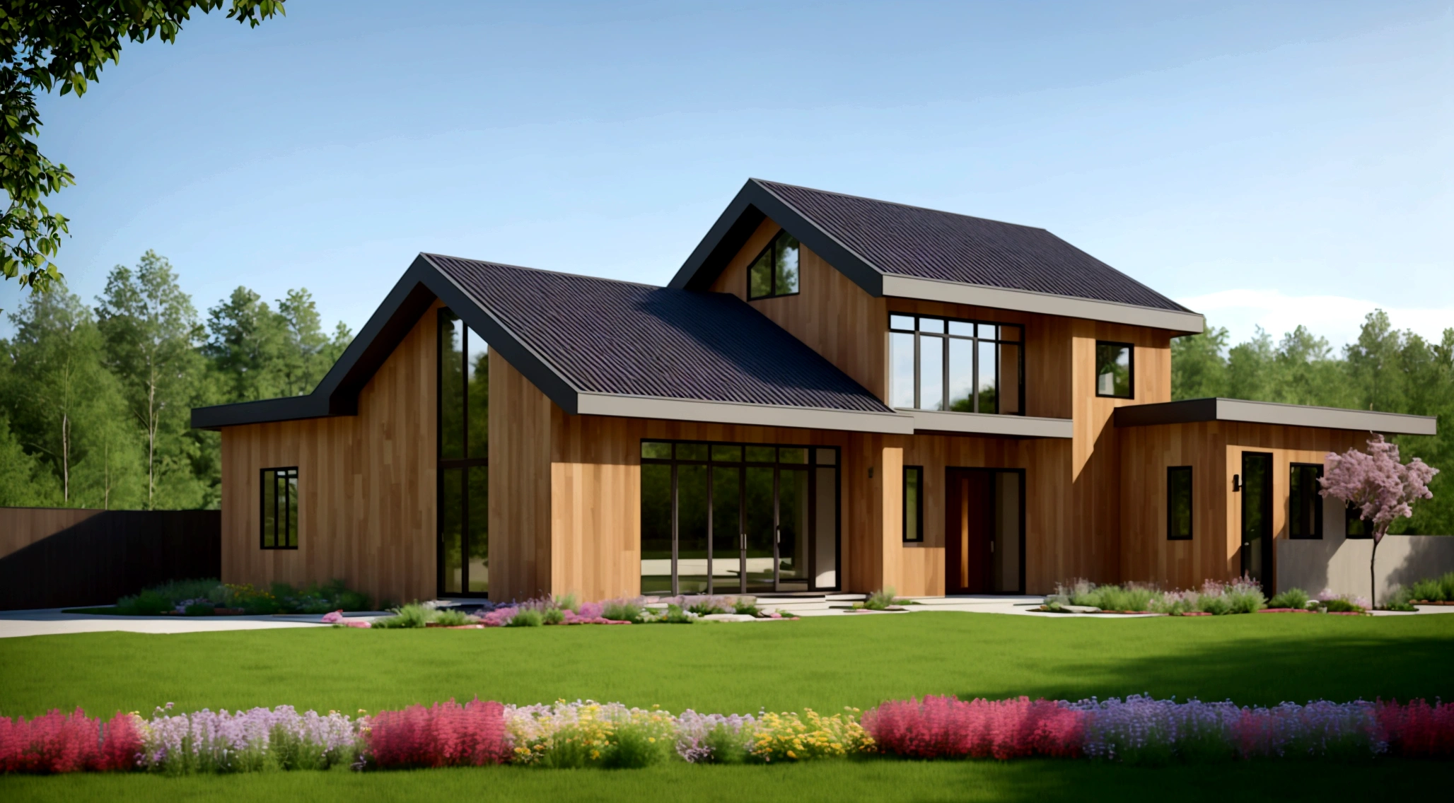 Exterior landscape of modern one-story roadside house, wall materials, wood and granite, glass doors, glass railings, simple but elegant interior, surrounded by flowers and grass, blending with nature Nature, fresh air, natural light, surreal, high-end. -end. -quality images. Realistic images, 8K