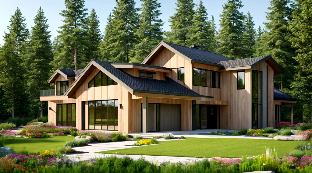 Exterior landscape of modern one-story roadside house, wall materials, wood and granite, glass doors, glass railings, simple but elegant interior, surrounded by flowers and grass, blending with nature Nature, fresh air, natural light, surreal, high-end. -end. -quality images. Realistic images, 8K
