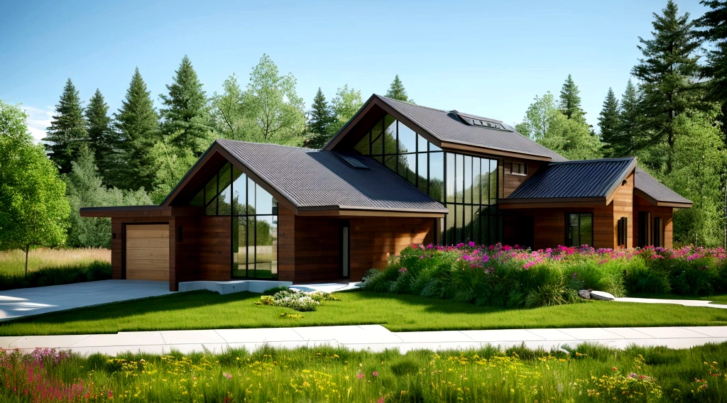 Exterior landscape of modern one-story roadside house, wall materials, wood and granite, glass doors, glass railings, simple but elegant interior, surrounded by flowers and grass, blending with nature Nature, fresh air, natural light, surreal, high-end. -end. -quality images. Realistic images, 8K