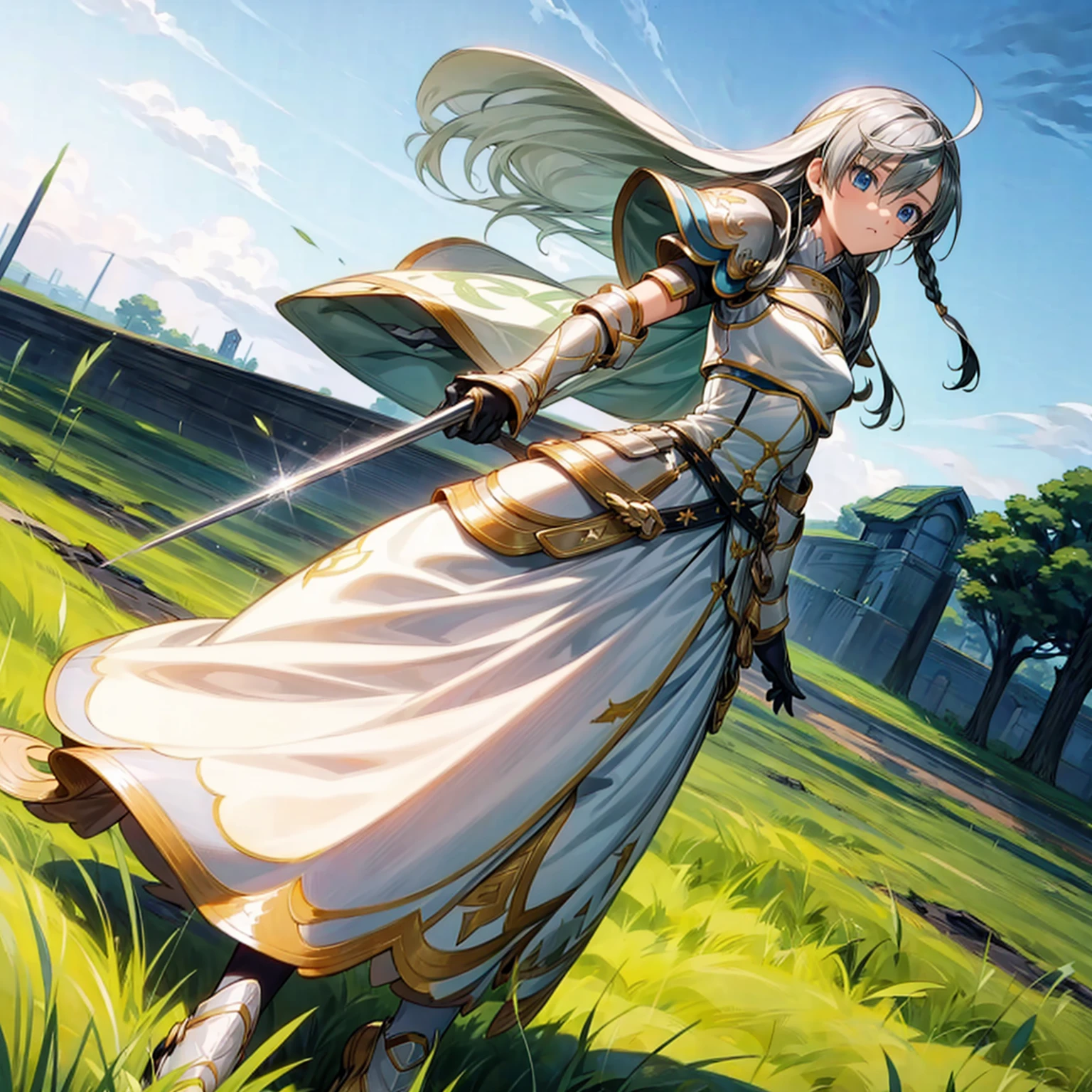 1girl, Full body version, 1character, children version, blue eyes color, long haircut, white and yellow colour hair, formal style clothing, medieval armour, one sword in hand, Grassroots, background in green field, motion blur, (Hunter x Hunter style)