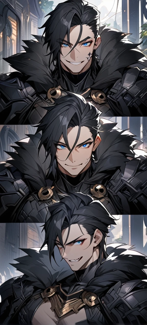  A quiet and charming young man, 30 years old, smile, gag, Portrait, Highly detailed face, 寒さとsmile, ((ดวงblue eyes)), ((black short hair)), [Thick eyebrows], ((black long coat)), ((all black)), (ดวงblue eyes) ,Short Black Quiff Hair with Soft Fringe, handsome , muscle, Facial expressions, Black Knight Armor (Plain black armor) , black fur shawl(Masterpiece,best quality,special, (Broad shoulders)) (muscle), male focus, Hand Held Weapons (Crescent repeater),Lipo,Fang Tian Hua Ji,High quality, สมจริงเป็นspecial,nonsense, height, Very detailed, HDR, Masterpiece, ใบหน้าและดวงตาที่มีรายVery detailed, dark armor, alone, ,man, handsome,, blue eyes , Villain&#39;s expression, black splash effect, dark black lightning effect,glowing glitter , symmetrical , Black Aura, strong full body view ,Fantasy Knight, Fantasy Warrior, Fantasy Knight, Fantasy Warrior in full armor , attack posture. , Details of his repeater, Characteristics and characteristics of monsters, and convey the tension and power of the encounter.."