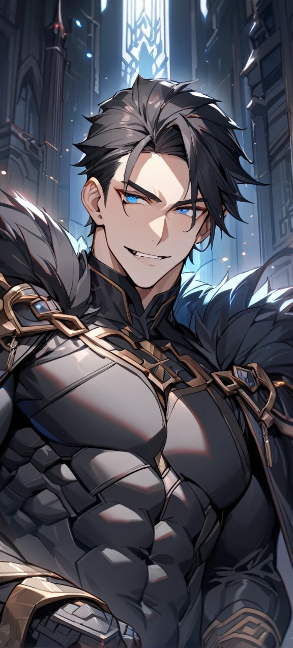  A quiet and charming young man, 30 years old, smile, gag, Portrait, Highly detailed face, 寒さとsmile, ((ดวงblue eyes)), ((black short hair)), [Thick eyebrows], ((black long coat)), ((all black)), (ดวงblue eyes) ,Short Black Quiff Hair with Soft Fringe, handsome , muscle, Facial expressions, Black Knight Armor (Plain black armor) , black fur shawl(Masterpiece,best quality,special, (Broad shoulders)) (muscle), male focus, Hand Held Weapons (Crescent repeater),Lipo,Fang Tian Hua Ji,High quality, สมจริงเป็นspecial,nonsense, height, Very detailed, HDR, Masterpiece, ใบหน้าและดวงตาที่มีรายVery detailed, dark armor, alone, ,man, handsome,, blue eyes , Villain&#39;s expression, black splash effect, dark black lightning effect,glowing glitter , symmetrical , Black Aura, strong full body view ,Fantasy Knight, Fantasy Warrior, Fantasy Knight, Fantasy Warrior in full armor , attack posture. , Details of his repeater, Characteristics and characteristics of monsters, and convey the tension and power of the encounter.."
