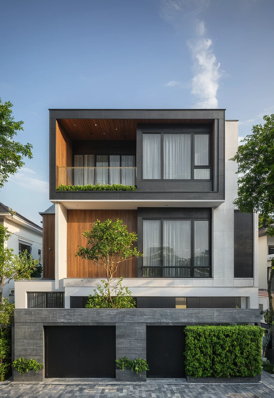 modern villa on street, (daylight), tropical tree, (slope roof, black tiled roof:1.2), vivid color, streetcapes, nice sky, grey tone, large glass door, warm interior lighting, modern material, best quality, ultra realistic, masterpiece, 17ArchiAI_XL_VL-v1