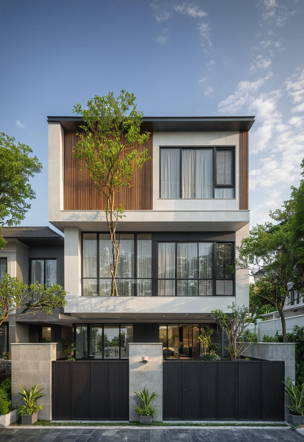 modern villa on street, (daylight), tropical tree, (slope roof, black tiled roof:1.2), vivid color, streetcapes, nice sky, grey tone, large glass door, warm interior lighting, modern material, best quality, ultra realistic, masterpiece, 17ArchiAI_XL_VL-v1