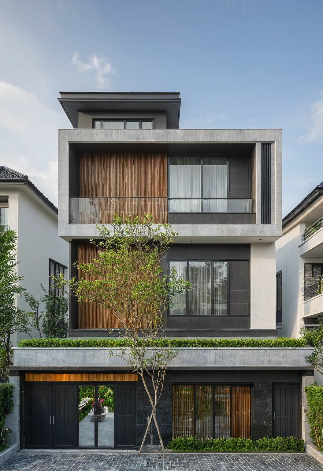 modern villa on street, (daylight), tropical tree, (slope roof, black tiled roof:1.2), vivid color, streetcapes, nice sky, grey tone, large glass door, warm interior lighting, modern material, best quality, ultra realistic, masterpiece, 17ArchiAI_XL_VL-v1
