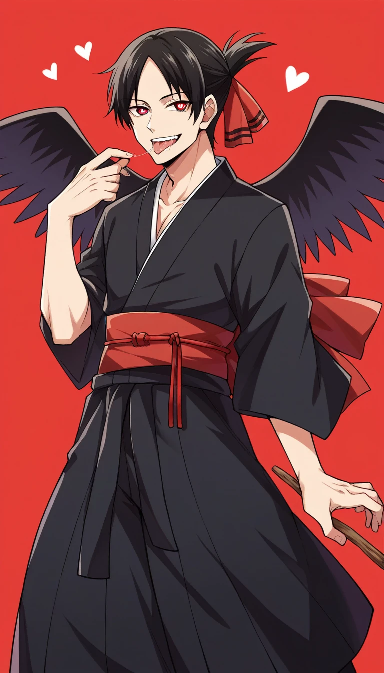 score_9, score_6_climb, source_anime, 1 man, alone, climbper body, Shinomiya Kaguya, conjunctivitis, black hair, black dress, Put your hand on your chin., Heart-shaped eyes, no pclimbils, smile softly, tooth, tsurime, red background , stick out your tongue, sexy, saliva, flirt, It has black wings., Hakama style kimono