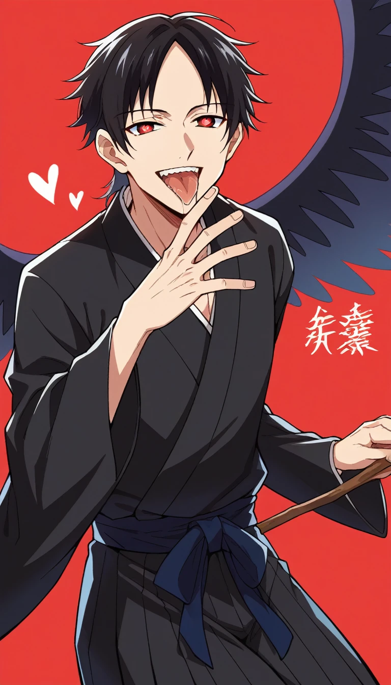 score_9, score_6_climb, source_anime, 1 man, alone, climbper body, Shinomiya Kaguya, conjunctivitis, black hair, black dress, Put your hand on your chin., Heart-shaped eyes, no pclimbils, smile softly, tooth, tsurime, red background , stick out your tongue, sexy, saliva, flirt, It has black wings., Hakama style kimono