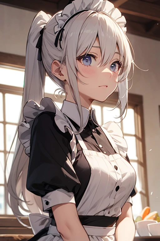 White long ponytail、Maid clothes、cute、Embarrassed、Looking up、Maid&#39;s Headband、A frilly headband