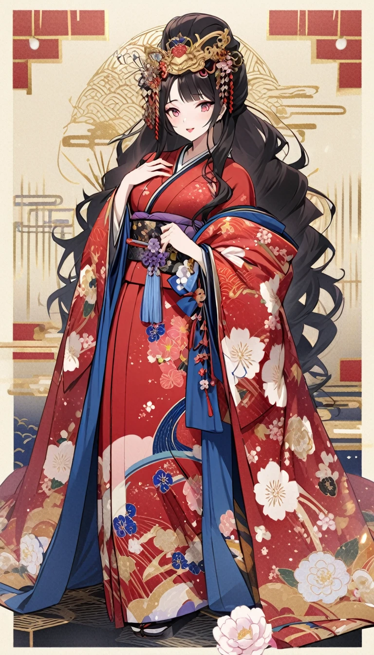 arafed asian woman in a red and blue kimono, wearing royal kimono, wearing a haori, in kimono, Royal Costume Akira, japanese kimono, Traditional Japanese, red kimono with flower patterns, wearing kimono, red kimono, Traditional geisha costume, wearing kimono armor, Wearing a long royal robe, kimono, Wearing a noble robe, intricate geisha kimono She gets the old man'A penis was thrust into her pussy