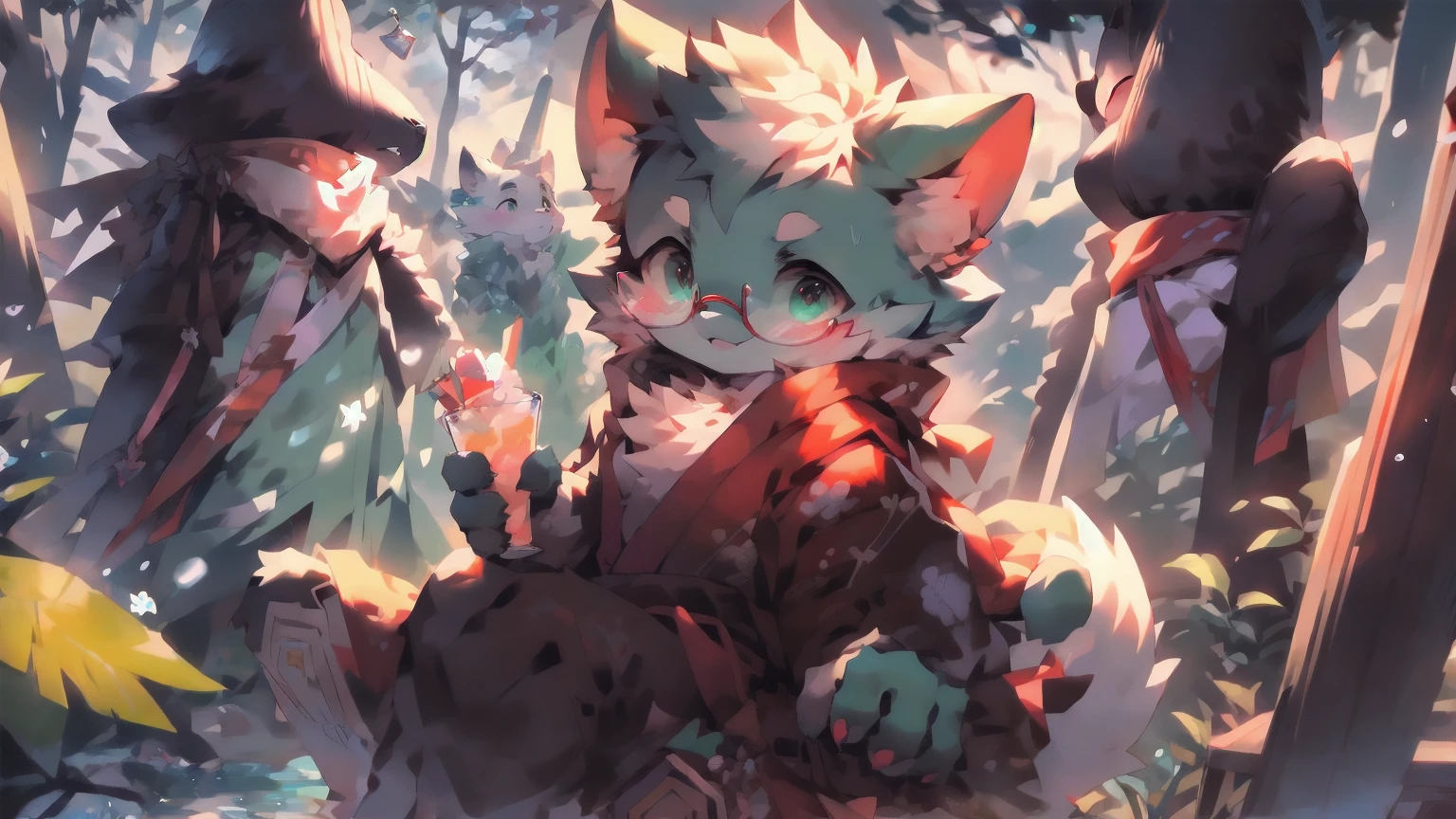 fully grown adult sexy cat man with big circle glasses and a red scarf is masturbating on his small cyan dick and cums, a handsome cat fursona with teal fur color, the chest has white fur, white fur around mouth and cheeks, white hair, fluffy black cat ears, fluffy white neck, he is in a snowy place sitting on a soft chair looking out to the snowy landscape through a glass window. bushy tail, and perked up fluffy big ears. He wears a fluffy warm and cozy kimono, he is holding a warm cup of cacao. His eyes are bright with wonder as he surveys the snowy woods outside the cabin,a lot of snowflakes falls down from the sky. The young adult cat has a relaxed expression, ready to explore the outside world. big trees covered by snow in the background. there are steep and tall mountain in the background covered in snow, zoomed out pov