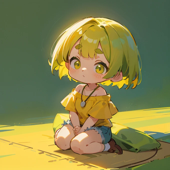 (masterpiece, Highest quality:1.2), (2 head body chibi character:1.1), Yellow-green hair, Bob Hair, Top of the head, Yellow-green eyes, Yellow off-shoulder blouse, Denim shorts, Short bangs, Thick eyebrows, Round necklace, A solemn atmosphere, Hands together, Praying, View your viewers, (Photo studio with blue background:1.0)