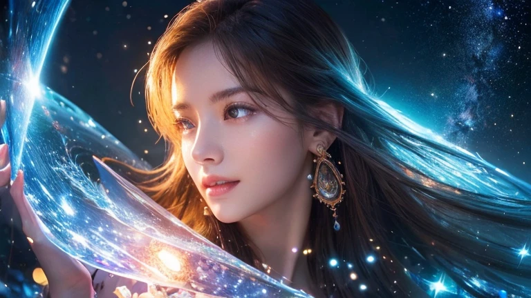 ((Highest quality, 8K, masterpiece: 1.3)), Clear Focus: 1.2, Outstanding beauty: 1.4, Fractal Art、Cosmic glow、mystery、crystal