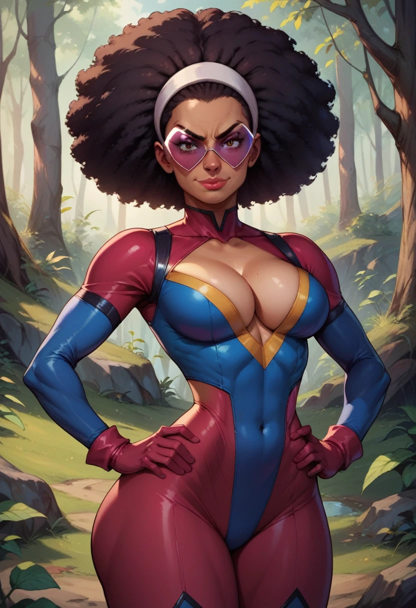 1woman, cleavage, in a rainforest, hands holding own hips, seductive smirk, big breasts, wide hips, big ass, storm from x-men costume, Garnet,black afro,navel,standing,upper body,retro shades, curvy,smile,standing, toned, big lips