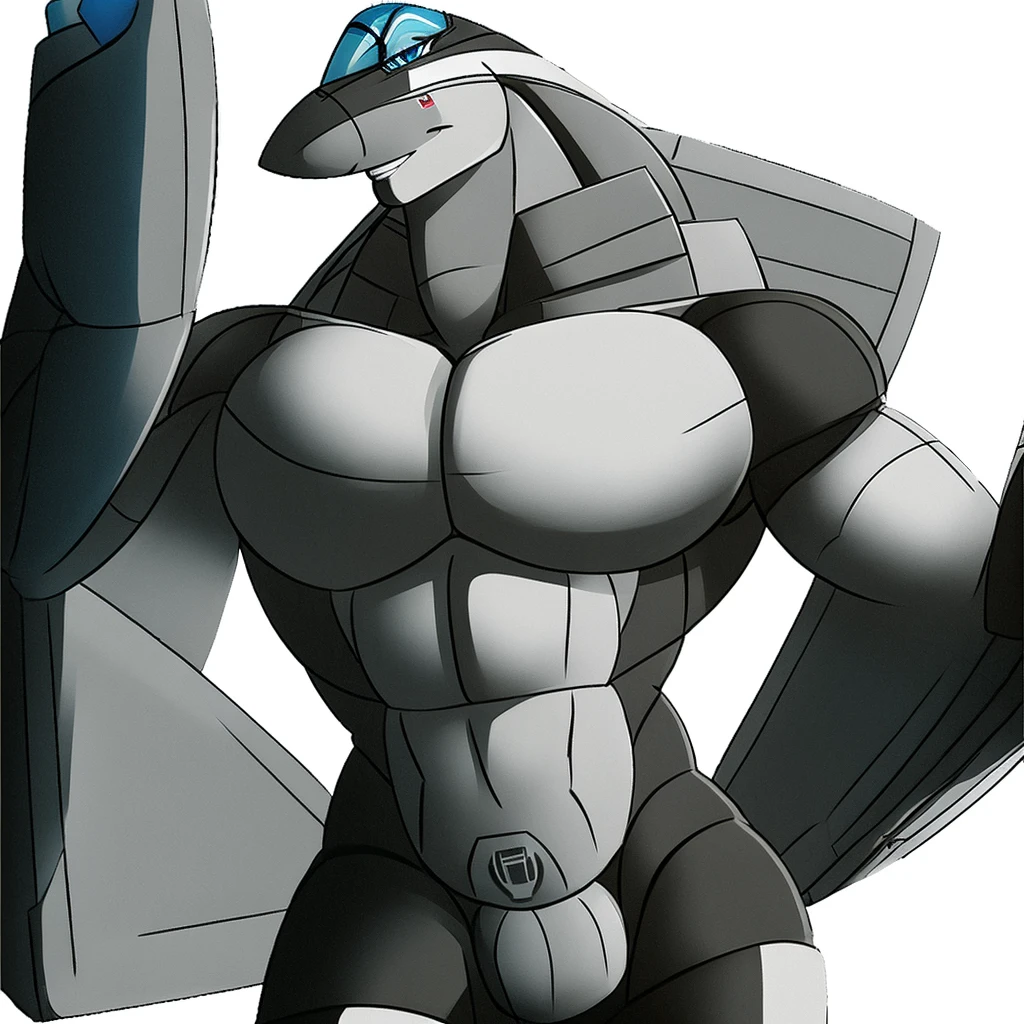 Aeromorph, male, eurofighter typhoon, blue eyes, plane wings, giant fighter jet wings, grey body, flat chest, posing, alone, white background,