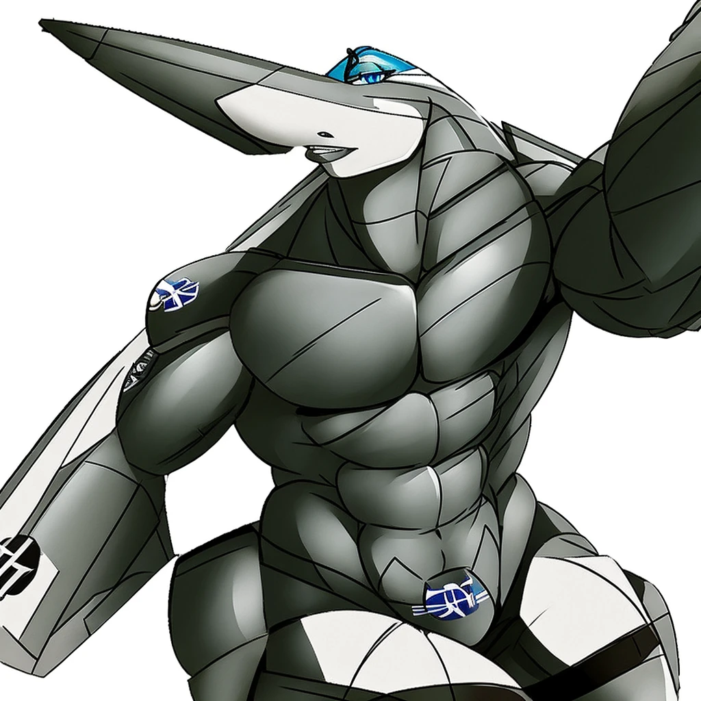 Aeromorph, male, eurofighter typhoon, ue eyes, plane wings, fighter jet wings, grey body, flat chest, posing, alone, only character, white background, full body,
