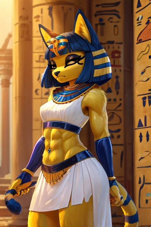 ((best quality)), ((masterpiece)), (detailed),  digital artwork of a  yellow cat ankha with rock hard abs wearing a crop top of her white sleeveless dress with white long dress skirt, a bare midriff and a bare navel, , Egyptian setting, anthro, furry style, tail, she looks snobbish, sideview, navel piercing,  blue Egyptian handbands, 