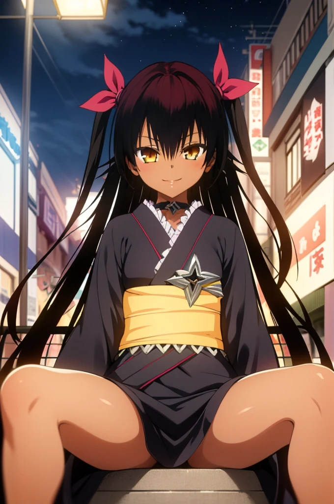best quality, masterpiece, portrait, 1girl, aster nemesis, dark-skinned female, black hair, very long hair, yellow eyes, flat chest kimono, obi, ribbon, twin tails, looking at viewer, outdoors, city, night, smile, ,sitting on ground,open legs,spread legs