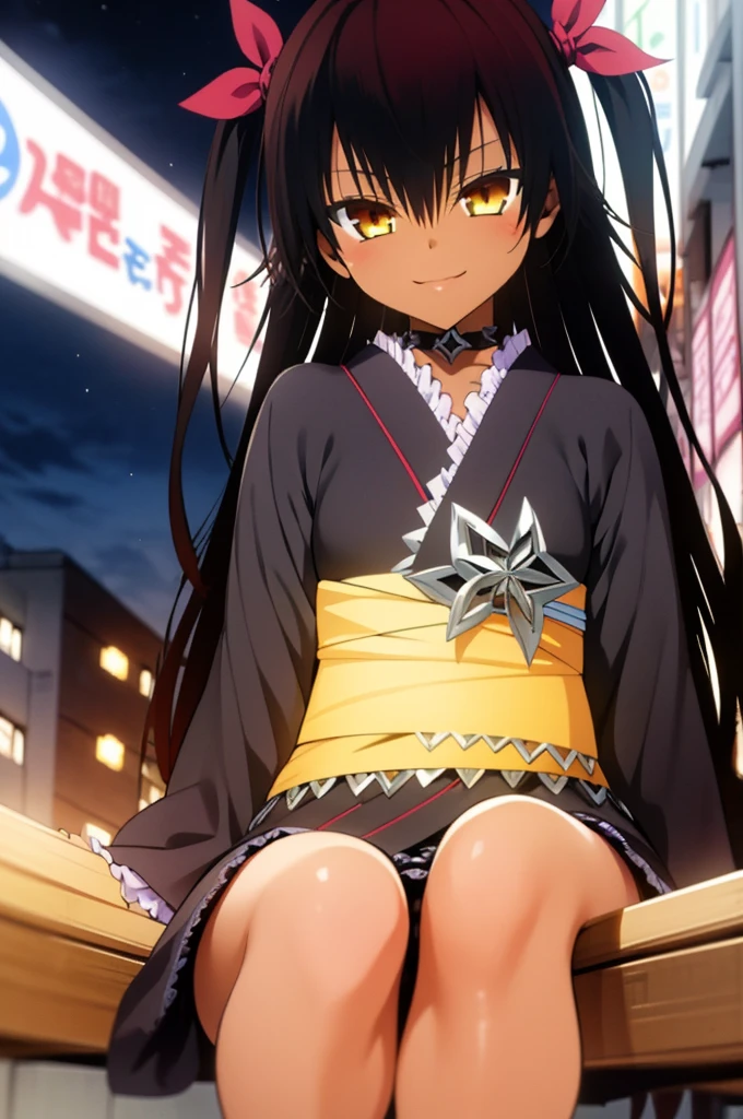 best quality, masterpiece, portrait, 1girl, aster nemesis, dark-skinned female, black hair, very long hair, yellow eyes, flat chest	kimono, obi, ribbon, twin tails, looking at viewer, outdoors, city, night, smile, ,sitting on ground,open legs,spread legs
