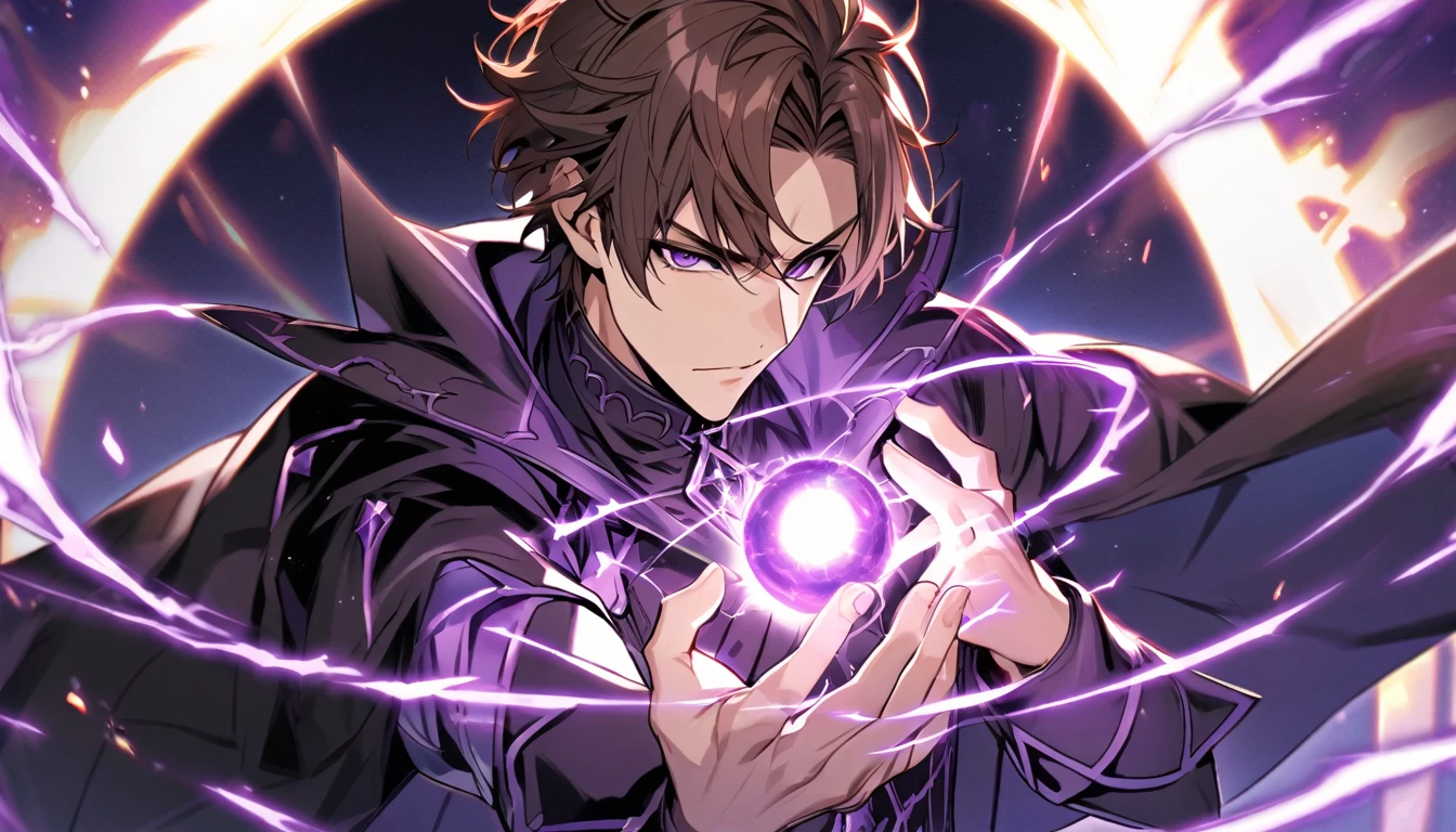 Handsome, single, 1 male, short hair, brown hair, sharp purple eyes with a charming twinkle. Satanic magic style warrior outfit black coat Huge energy swirled like the purple electricity of a black hole. Super power is in your hands.