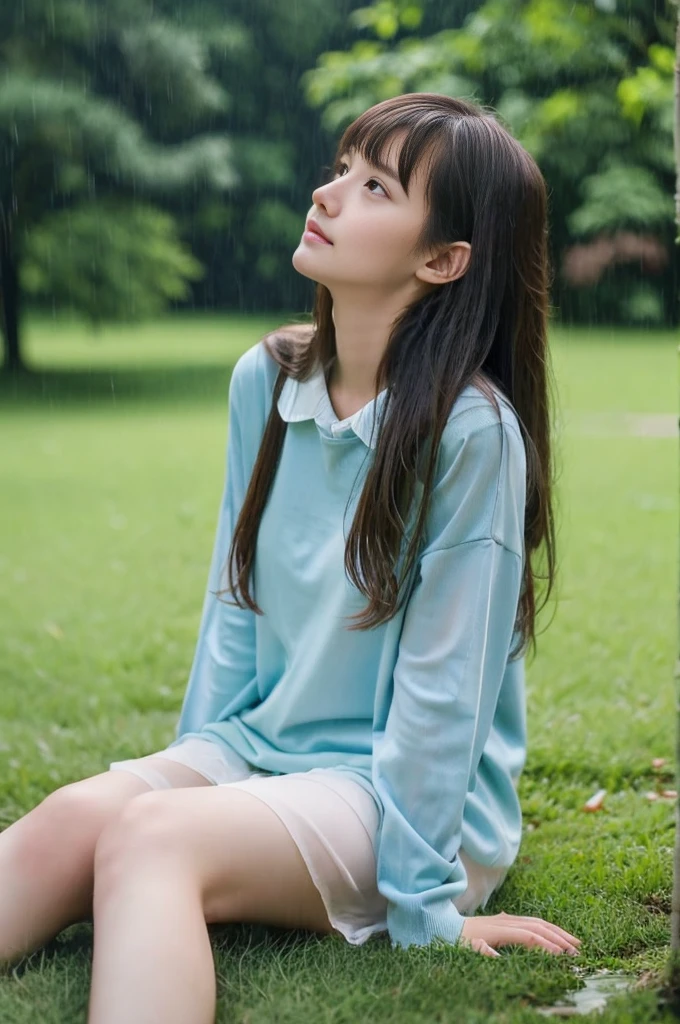 22year old beautiful girl、Highest image quality、realistic、16K、beautiful woman、long hair、With bangs、Pretty slim、heavy rain、While walking through the Park in the rain、wet from heavy rain、Full body figure、Look up at the sky、Lying on the grass in the park