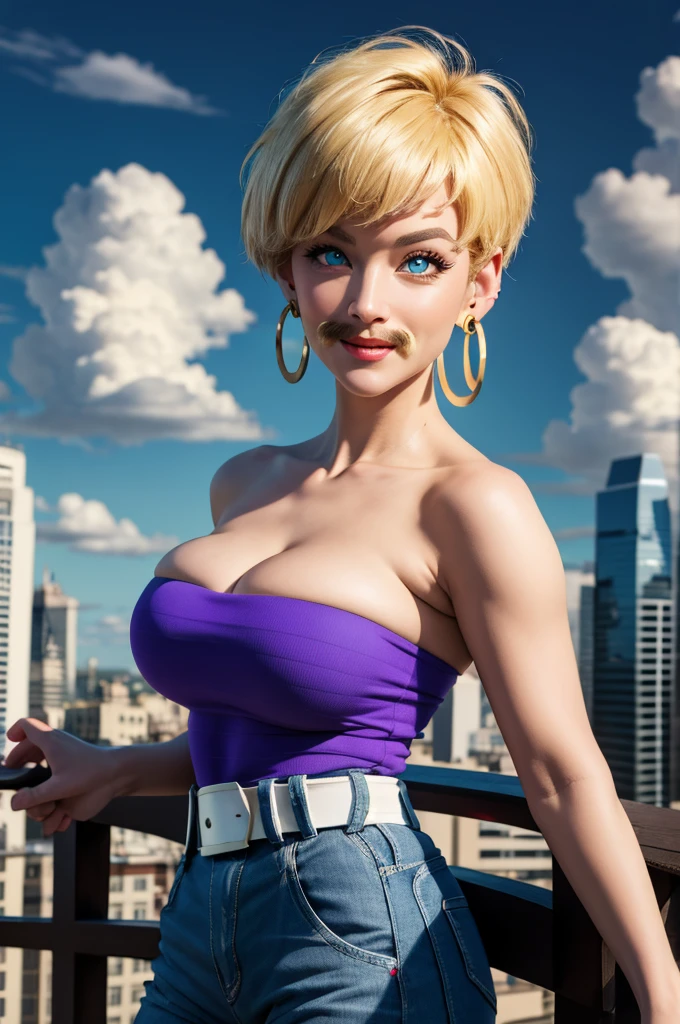 Fake Mustache, big mustache, beard, Best Quality, Realisitc, Absurdres, photorealistic, 1 girl,Realistic Skin,Solo,Very Big Eyes,beautiful detailed eyes, symmetric eyes,  erasa, blonde hair, earrings, green shirt, striped, strapless, cleavage, white belt, purple pants, huge breasts, sky, clouds, cityscape, smile, looking at viewer, cowboy shot,